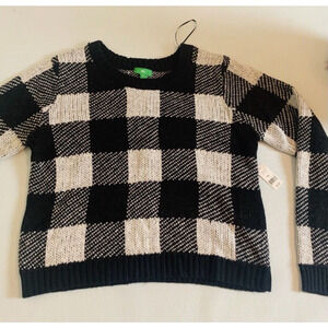 Apres Ski Sweater Knitted Round‎ Neck Long Sleeve Plaid Black & White XL NWT